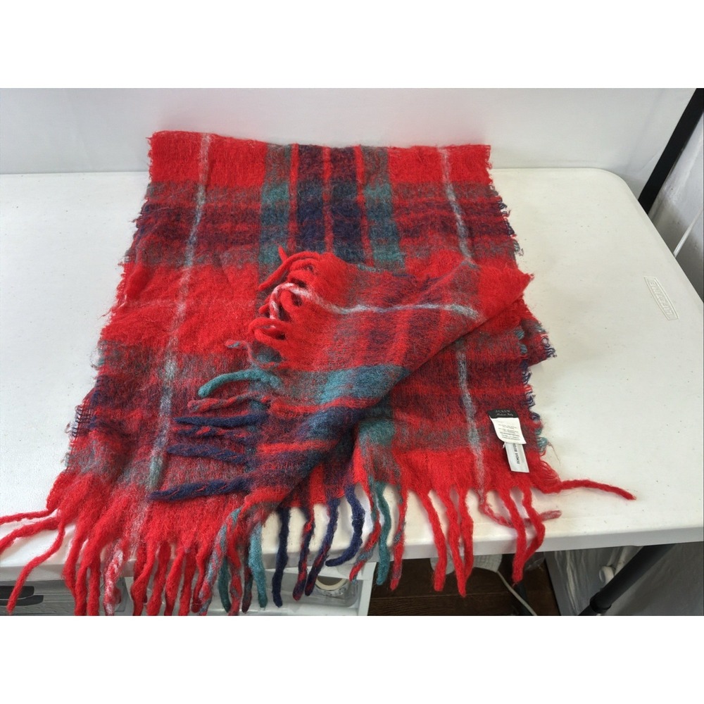 J. Crew 83" x 20"  Red Tartan Plaid Wool Large Scarf Shawl Made In Italy
